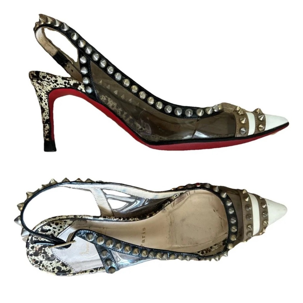 Louboutin Studded Slingback Heels - White and Black marble red bottoms